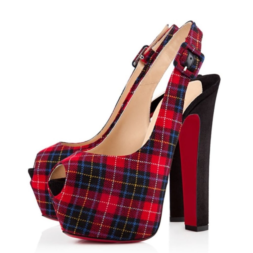 Christian Louboutin Red Plaid Peep Toe Heels